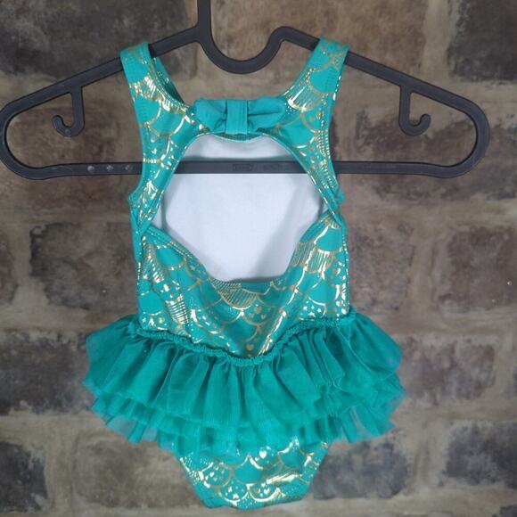 Cat & Jack Tutu Green Gold Swimsuit‎ Girl's Size 18M One Piece Mermaid Summer - Picture 5 of 13
